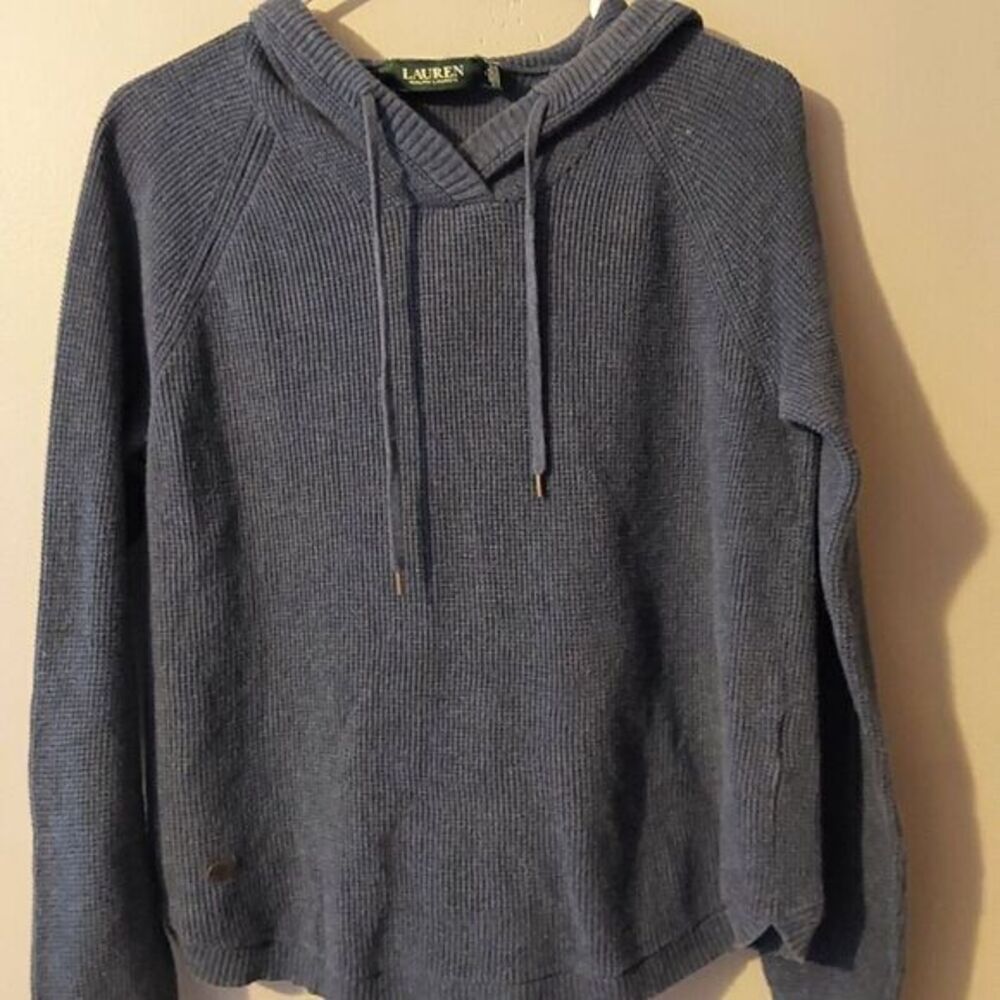 Lauren‎ Ralph Lauren Women's Blue Hooded Drawstring Long Sleeve Size Med Sweater